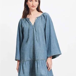 Loft Women's Chambray Tie Neck Mini Flounce Dress -L